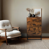 Bruine Commode VINSTRA met vier laden en een zwart metalen frame van hjh LIVING