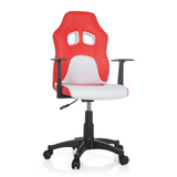 Rood-witte TEEN GAME AL kinder bureaustoel met armleuningen en zwart vijfsterrenvoet met zwenkwielen van hjh OFFICE – 360-gradenweergave (vooraanzicht 20°)