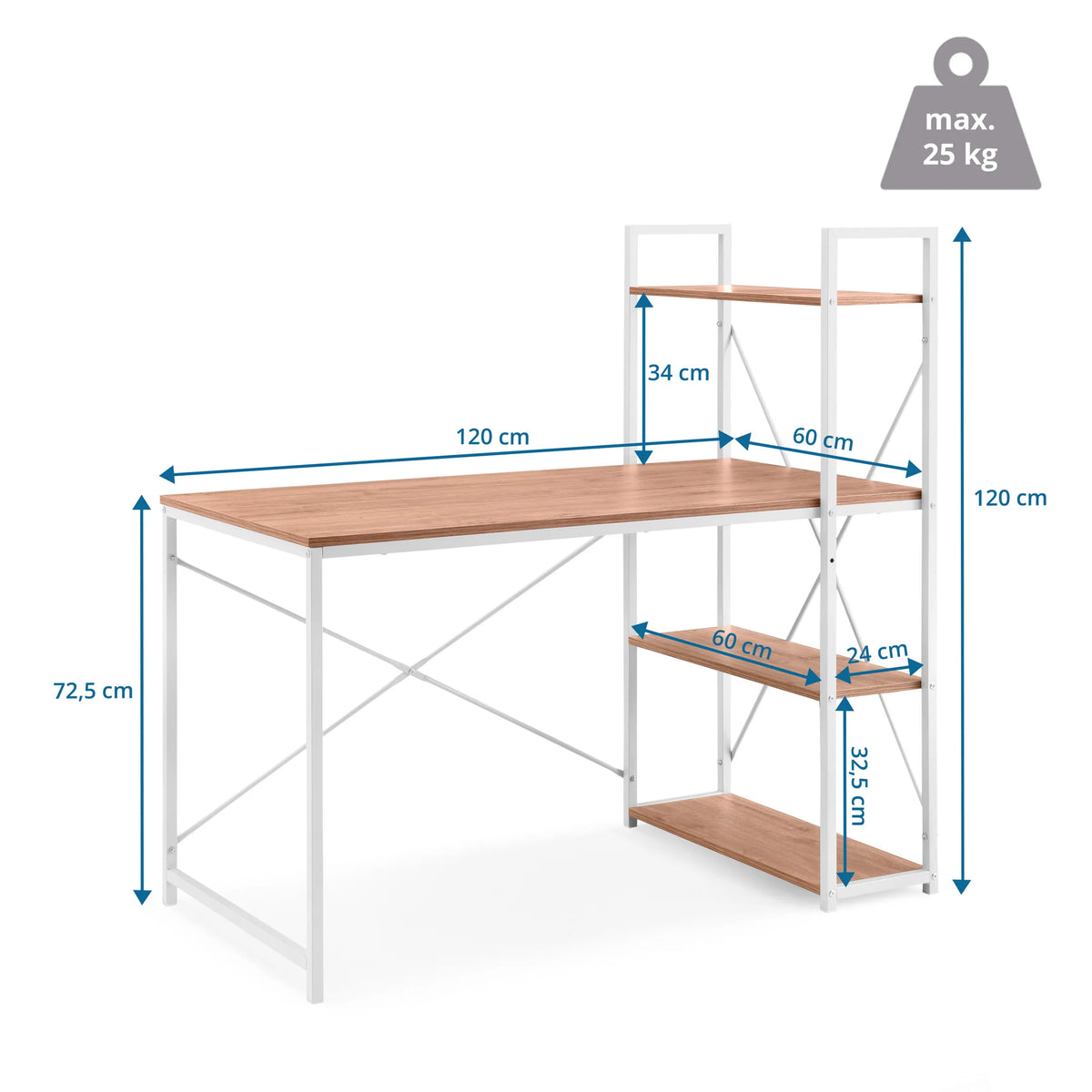 Maattekening van het Easy Up3 bureau met 120 × 60 cm en een totale hoogte van 120 cm van hjh LIVING