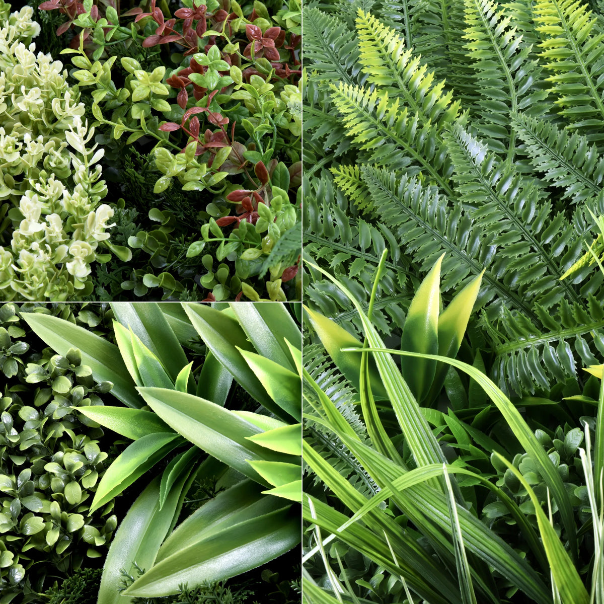 Verschillende bladstructuren van de groene Plantmat LEAFLUXE 3D van hjh LIVING