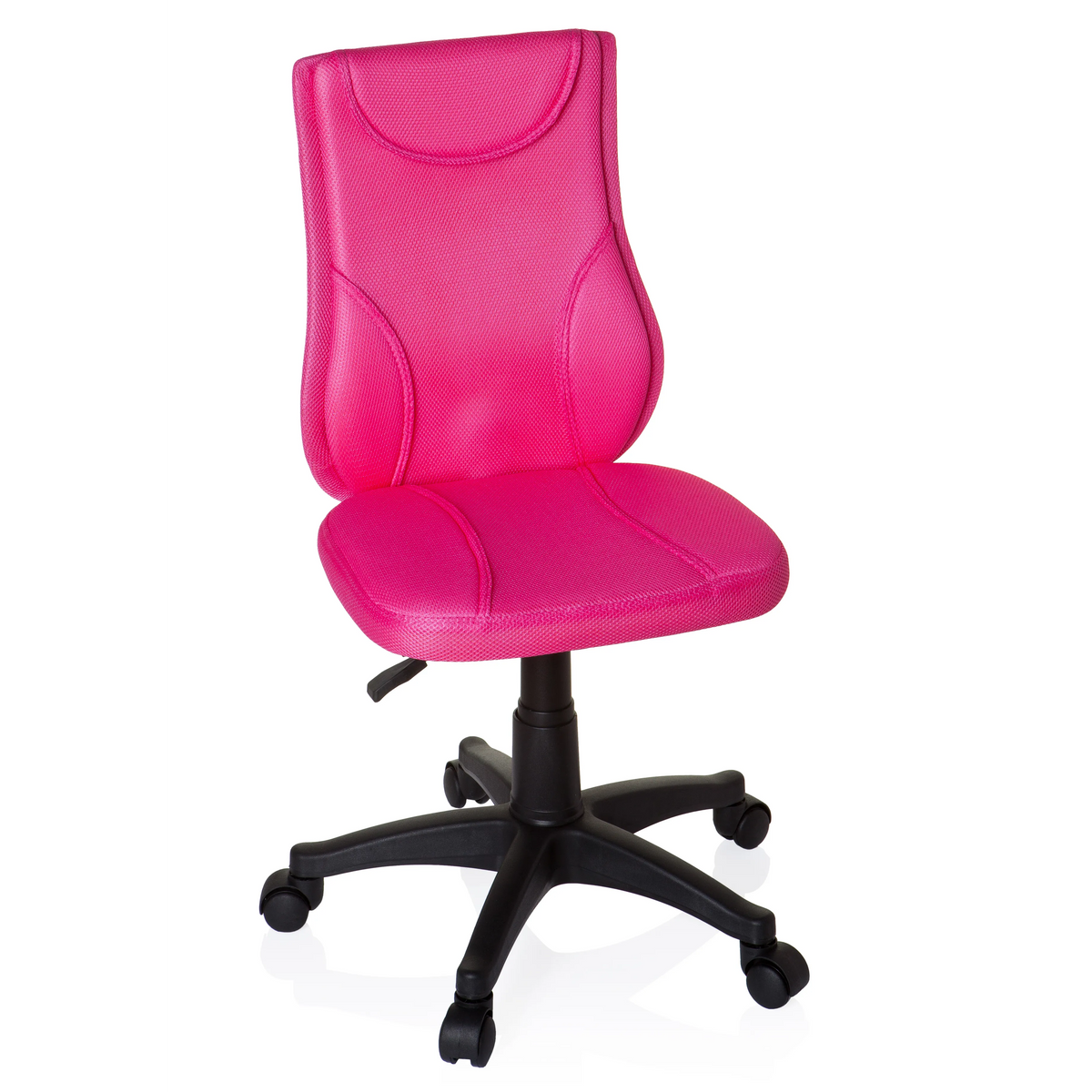 Pinker Kinderdrehstuhl KIDDY BASE mit Netzrücken und schwarzem Fußkreuz mit fünf Rollen von hjh OFFICE – 360-Grad-Ansicht (Frontansicht 20°)