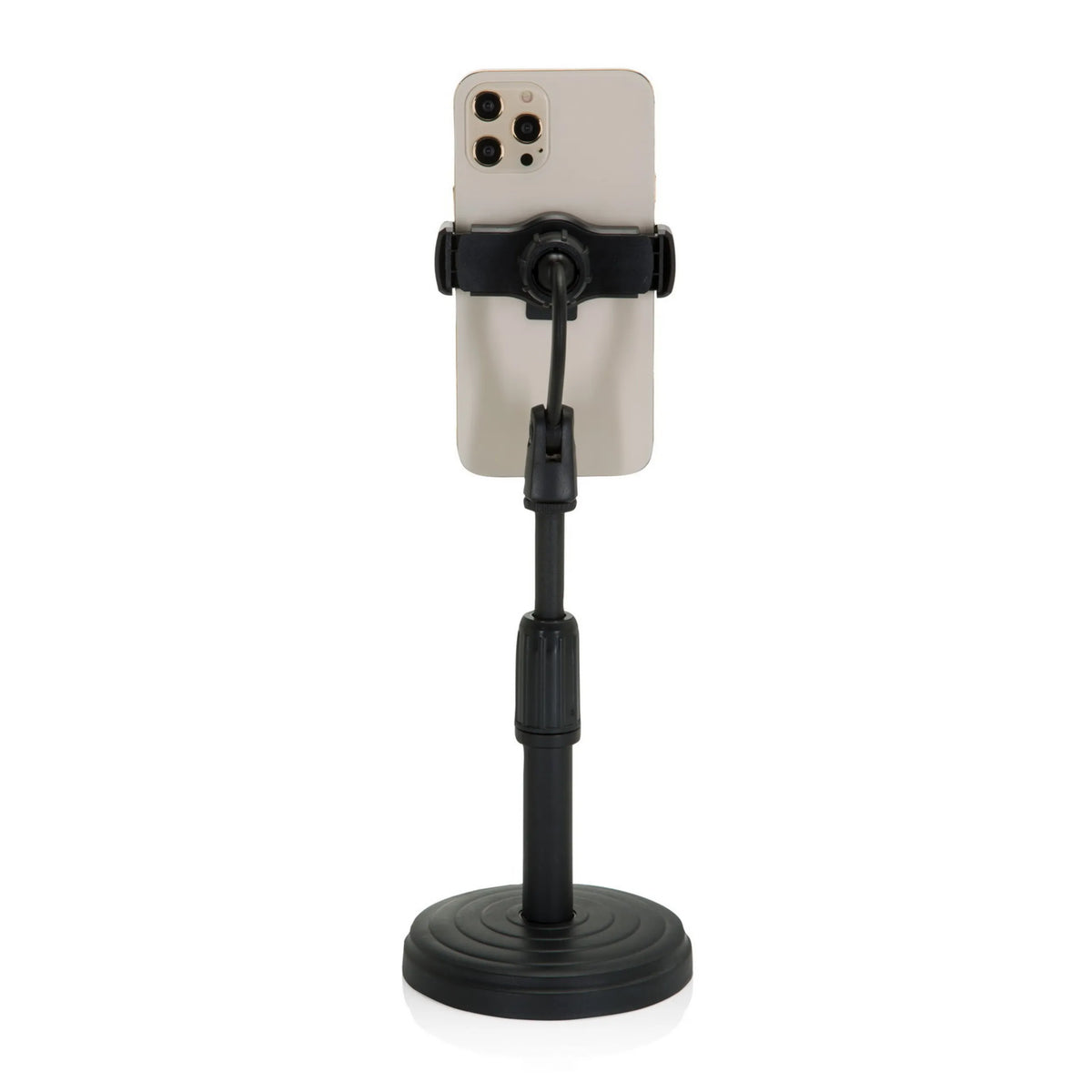 Zwarte Houder voor mobiele telefoon & tablet FLEXMOBI II met verstelbare arm en ronde voet van hjh OFFICE
