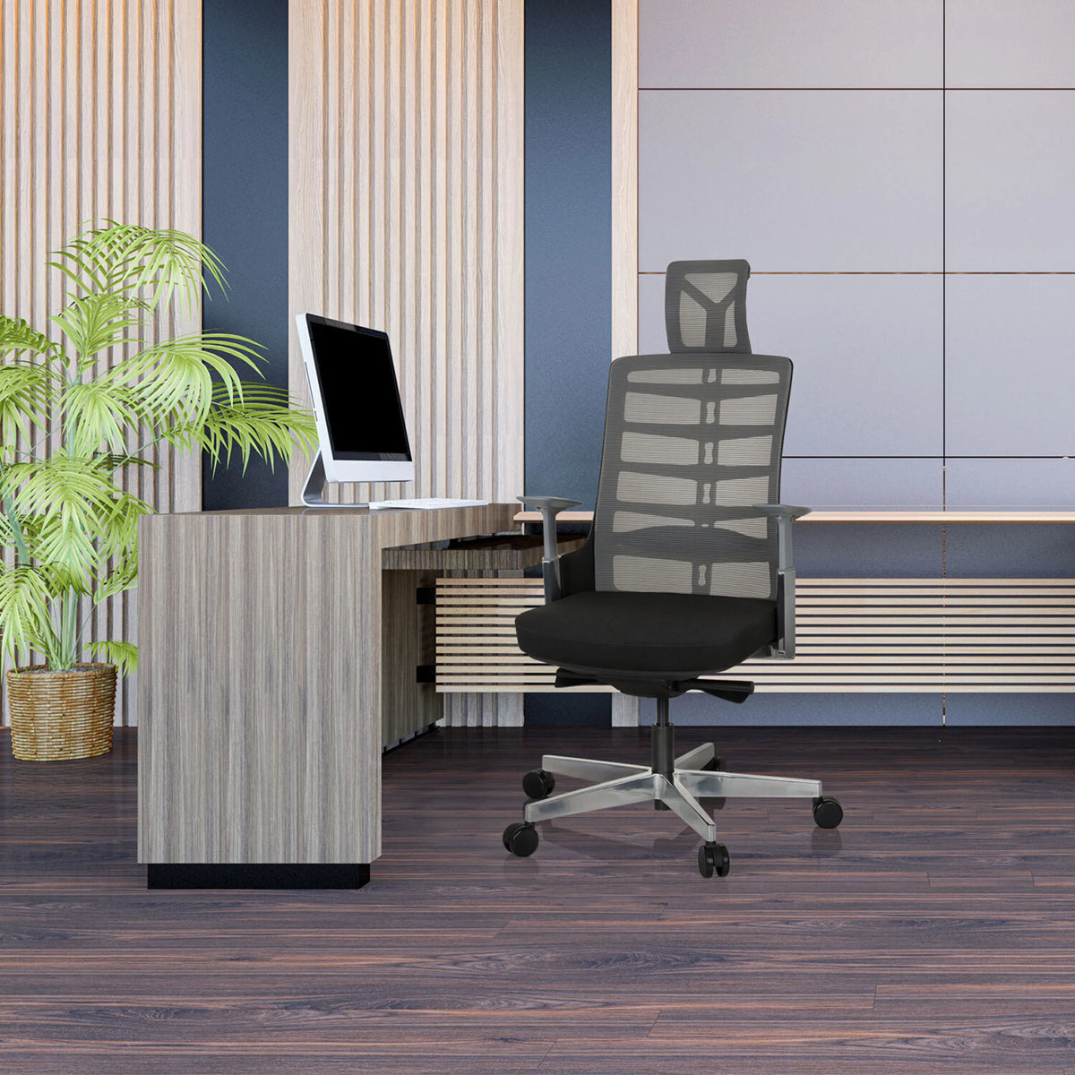 High end bureaustoel SKARIF in zwart-grijs voor een bureau in een modern kantoor van hjh OFFICE