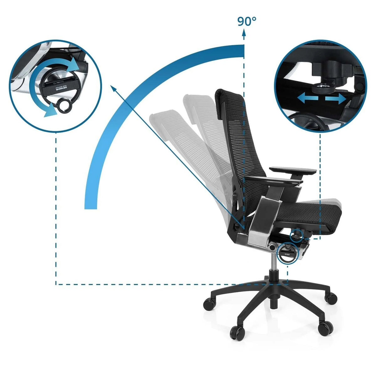 Verstelbare rugleuning met 90 graden kanteling van de Professionele bureaustoel GENIDIA SMART BLACK CM van hjh OFFICE