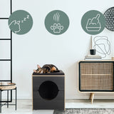 Kattenhuis KITTY PAWBOX 2 in zwart en eiken met een slapende kat en drie functiesymbolen van hjh LIVING