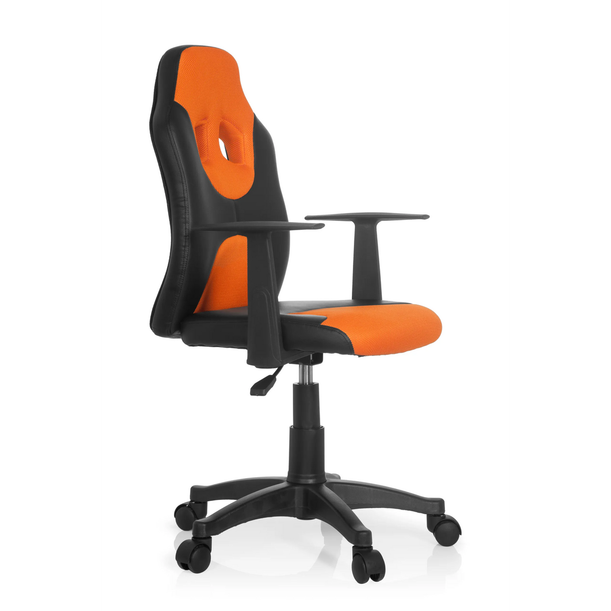 Zwart-oranje Kinder bureaustoel KID GAME AL met netrugleuning en vijfpoot met wieltjes van hjh OFFICE – 360-gradenweergave (schuin vooraanzicht 60°)