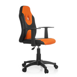 Zwart-oranje Kinder bureaustoel KID GAME AL met netrugleuning en vijfpoot met wieltjes van hjh OFFICE – 360-gradenweergave (schuin vooraanzicht 60°)