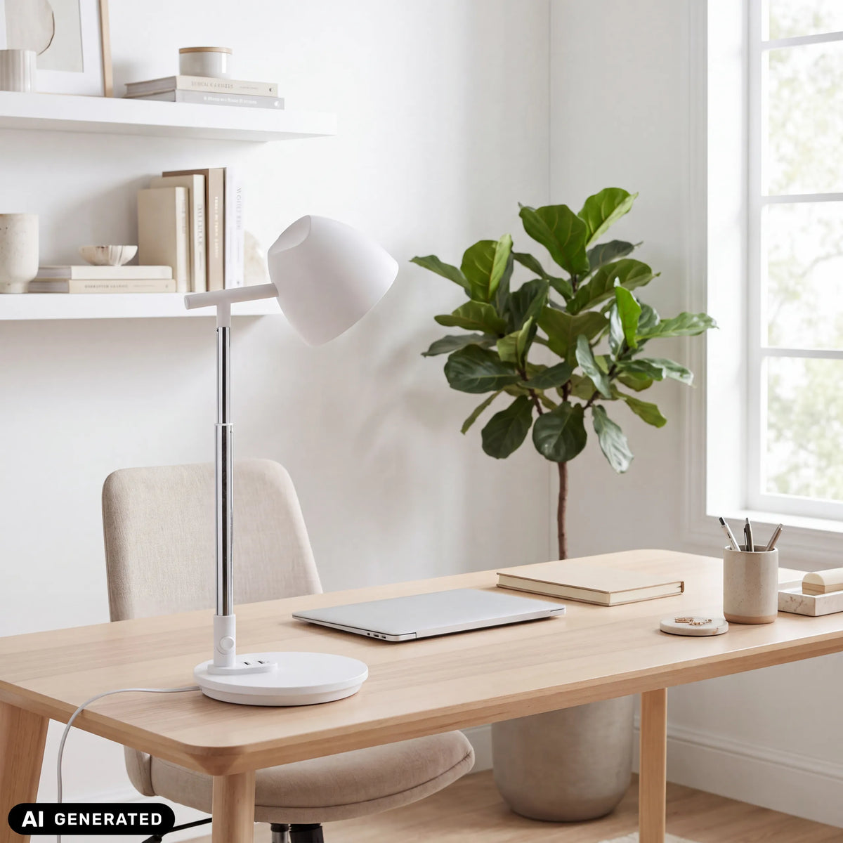 Witte Lumanova D3 bureaulamp op een lichte houten tafel van hjh OFFICE (AI-gegenereerde afbeelding)