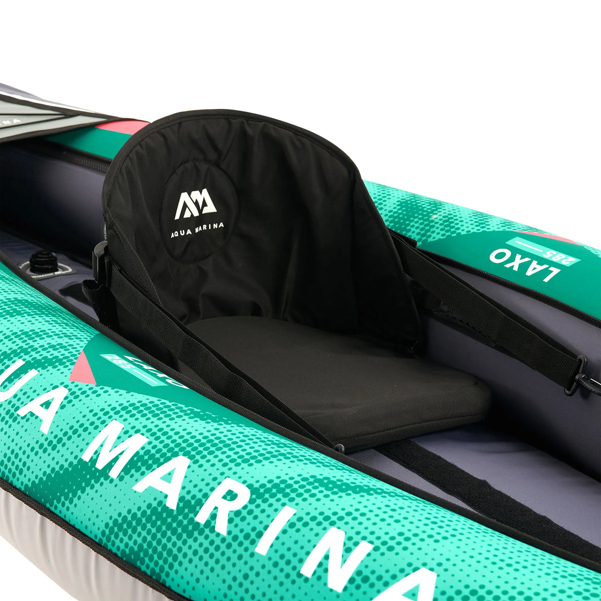 Zwarte zitting met rugleuning van de petrolkleurige opblaasbare kajak LAXO-285 van Aqua Marina