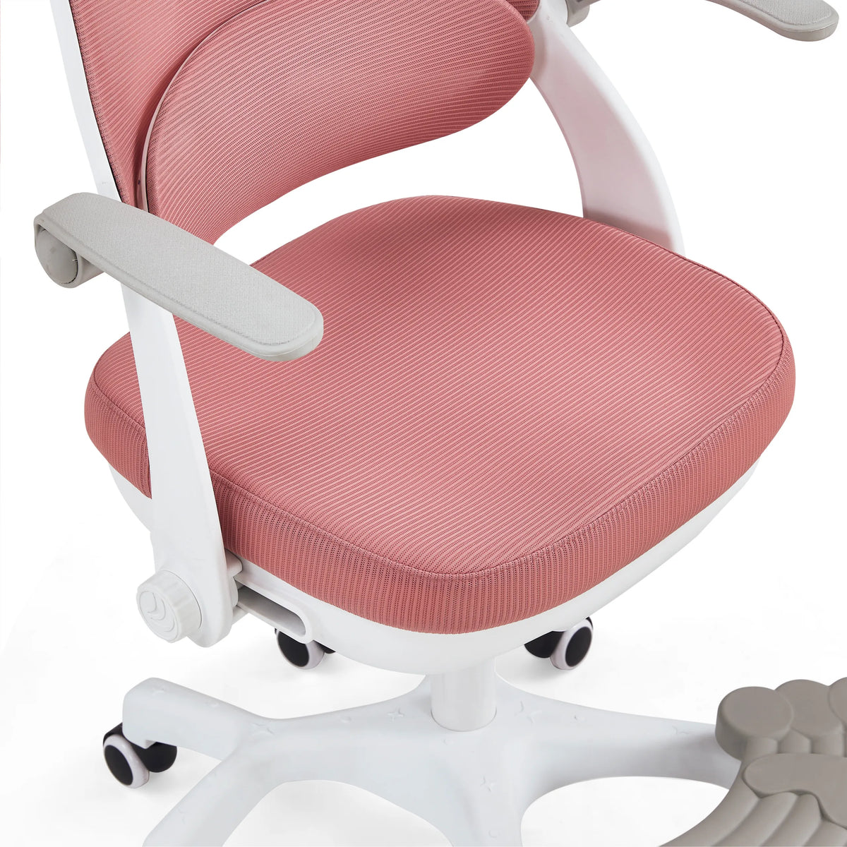 Roze gevoerde zitting en rugleuning van de Kiddy Smart Step kinder bureaustoel met wit frame van hjh OFFICE