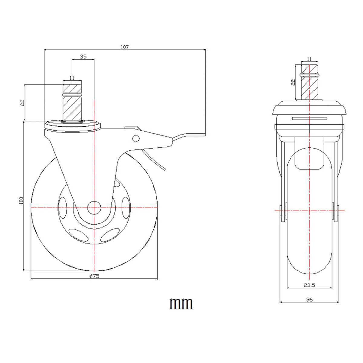 Technische tekening van de Bureaustoelwielen 5x ROLO SKATE S 11mm/75mm met een diameter van 75 mm van hjh OFFICE