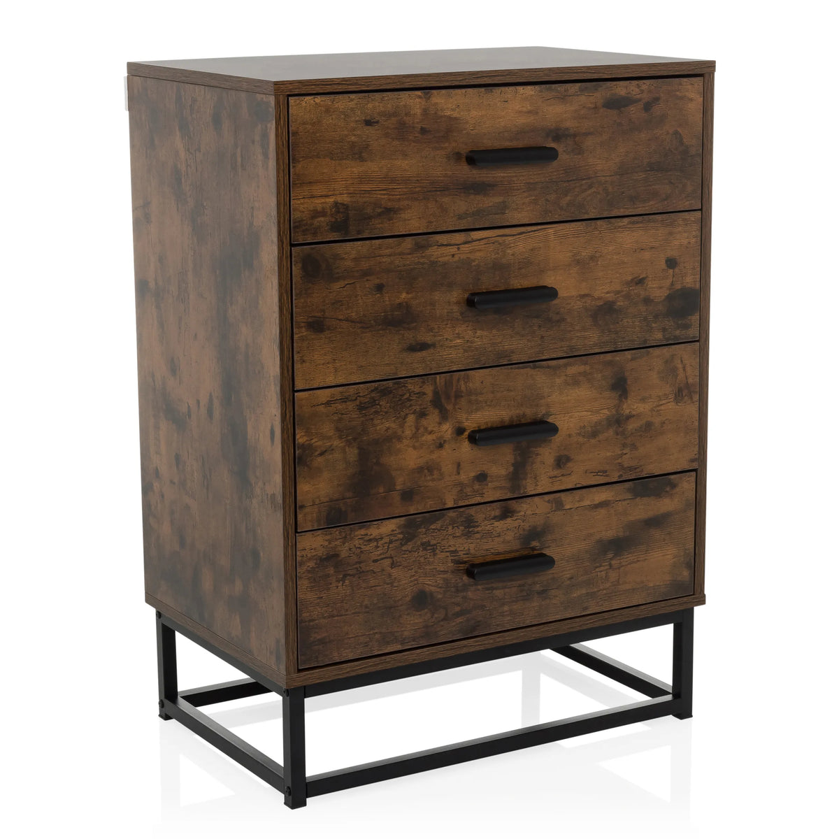 Bruine Commode VINSTRA met vier laden en zwart metalen frame van hjh LIVING – 360-gradenweergave (vooraanzicht 15°)