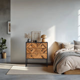 Dressoir SANTJAGO BLACK SUN L in donkerbruine houtoptiek met drie laden en zwart metalen onderstel van hjh LIVING