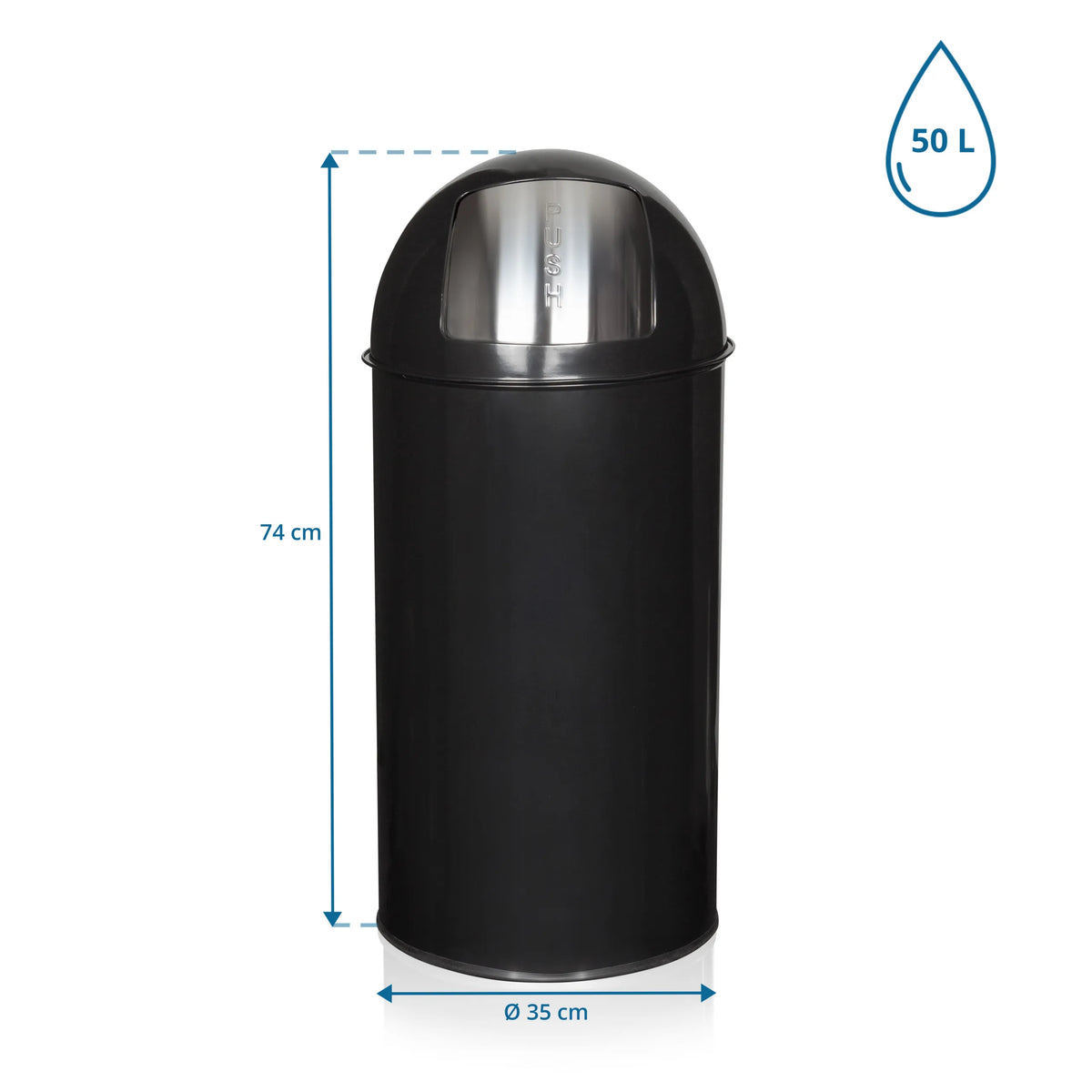 Maataansicht van de Prullenbak PUSH 50L met een hoogte van 74 cm en een diameter van 35 cm van hjh OFFICE