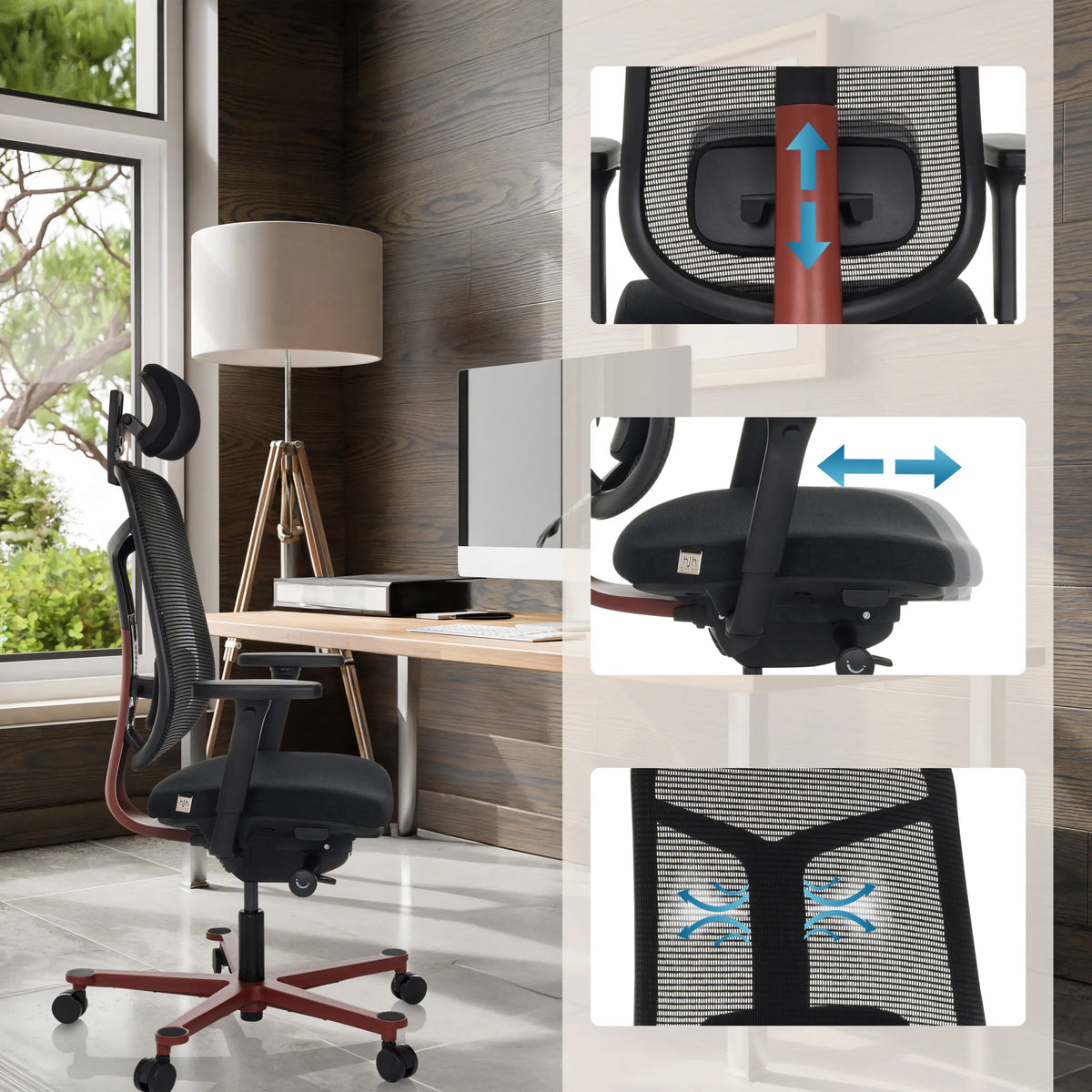 Verstelbare hoofdsteun, zitting en netrugleuning van de High end bureaustoel BICOLORE HIGH van hjh OFFICE