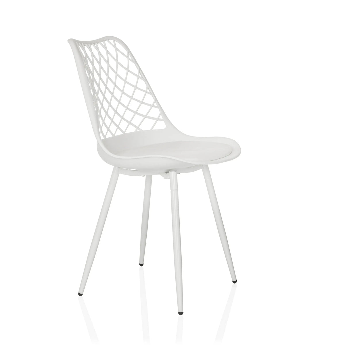 Witte Outdoor stoel BEGIO S met een rastervormige rugleuning en vier poten van hjh LIVING – 360-gradenweergave (schuin vooraanzicht 60°)