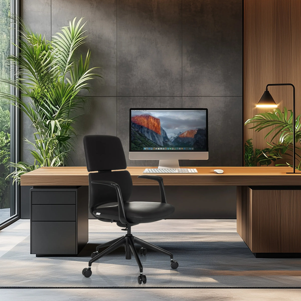 Zwarte Professionele bureaustoel ATMOS DESIGNER met armleuningen en zwenkwielen aan een bureau van hjh OFFICE