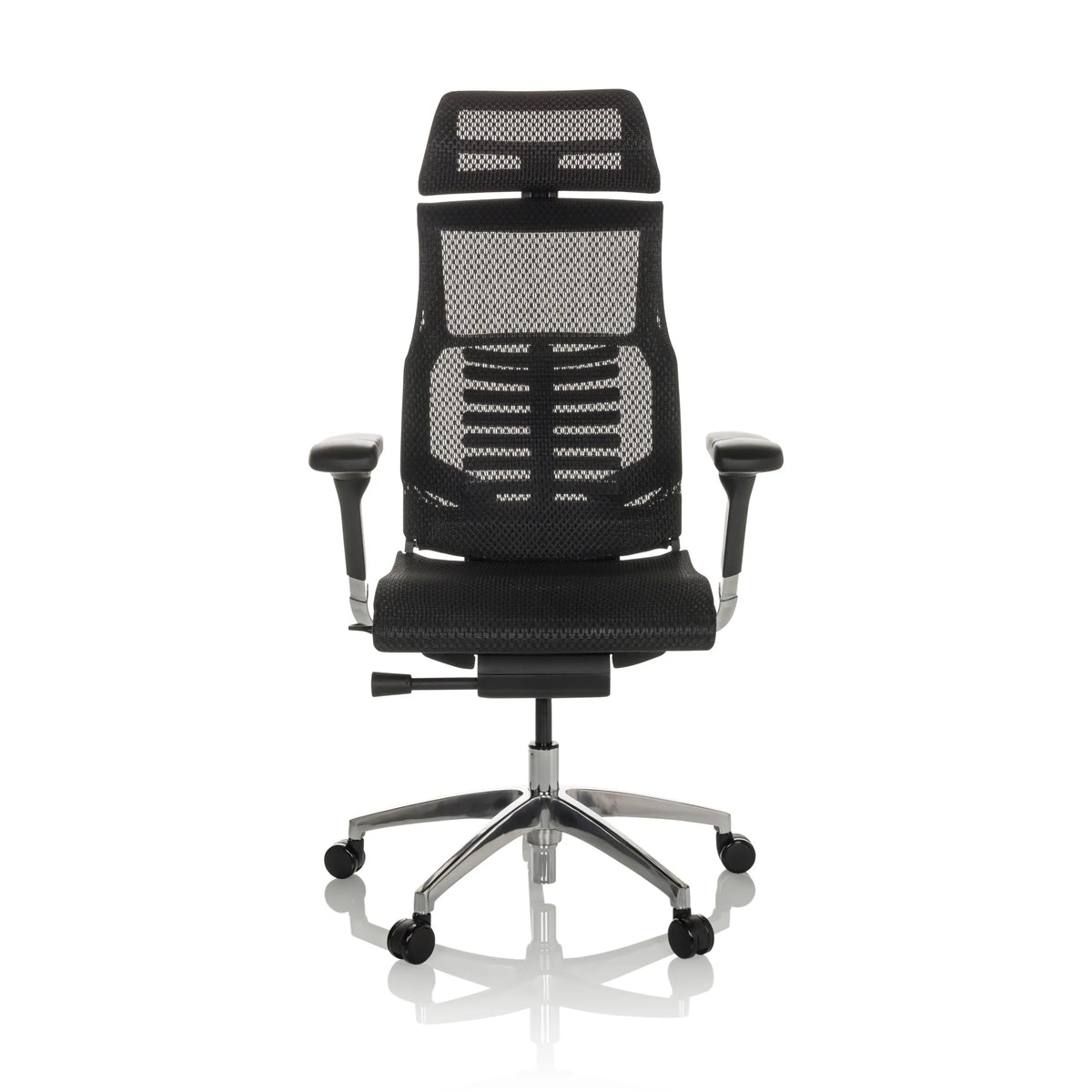 Zwarte High end bureaustoel POFIT GEN2 met netrugleuning en voetkruis met vijf wieltjes van hjh OFFICE – 360-gradenweergave (vooraanzicht 0°)