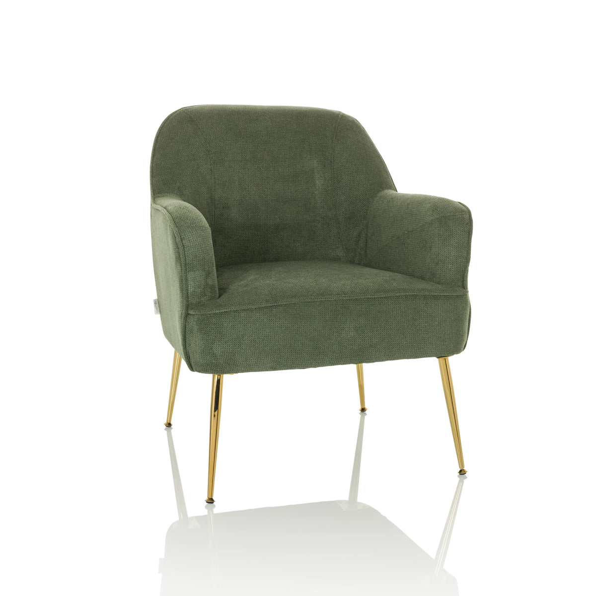 Groene Lounge stoel THASSOS met armleuningen en gouden metalen poten van hjh LIVING – 360-gradenweergave (vooraanzicht 15°)