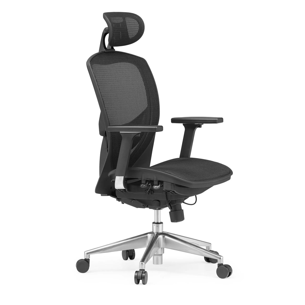 Zwarte High end bureaustoel VENUS ONE met netrug en vijfpoot met zwenkwielen van hjh OFFICE – 360-gradenweergave (schuin vooraanzicht 60°)
