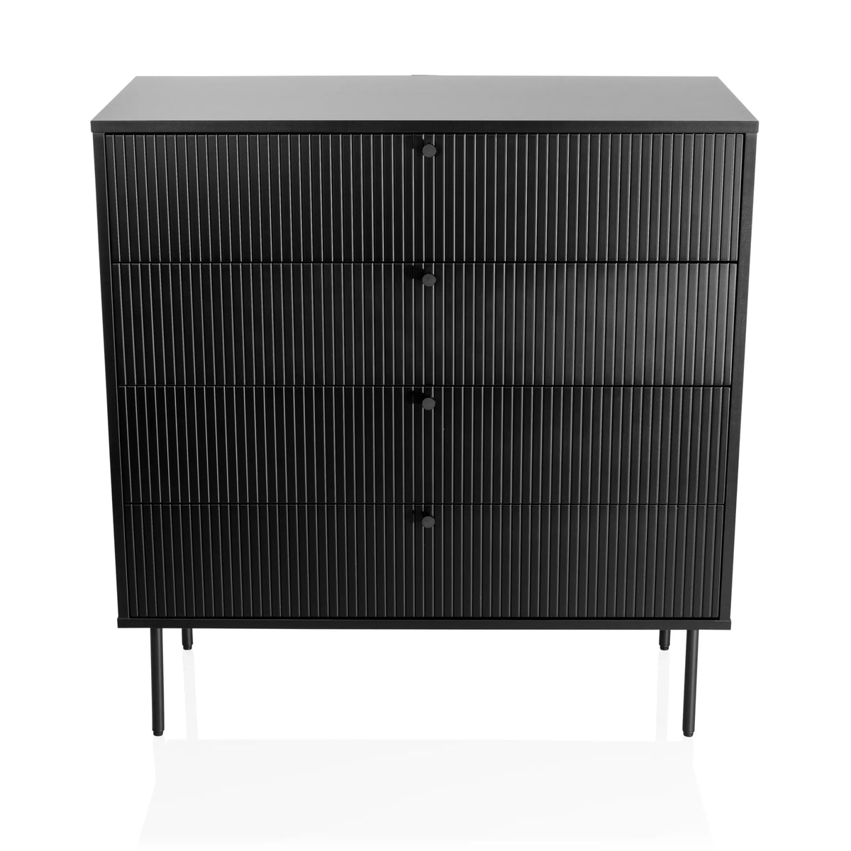 Zwarte Commode KARBY K met vier geribbelde lades en slanke poten van hjh LIVING – 360-gradenweergave (vooraanzicht 0°)
