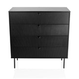 Zwarte Commode KARBY K met vier geribbelde lades en slanke poten van hjh LIVING – 360-gradenweergave (vooraanzicht 0°)
