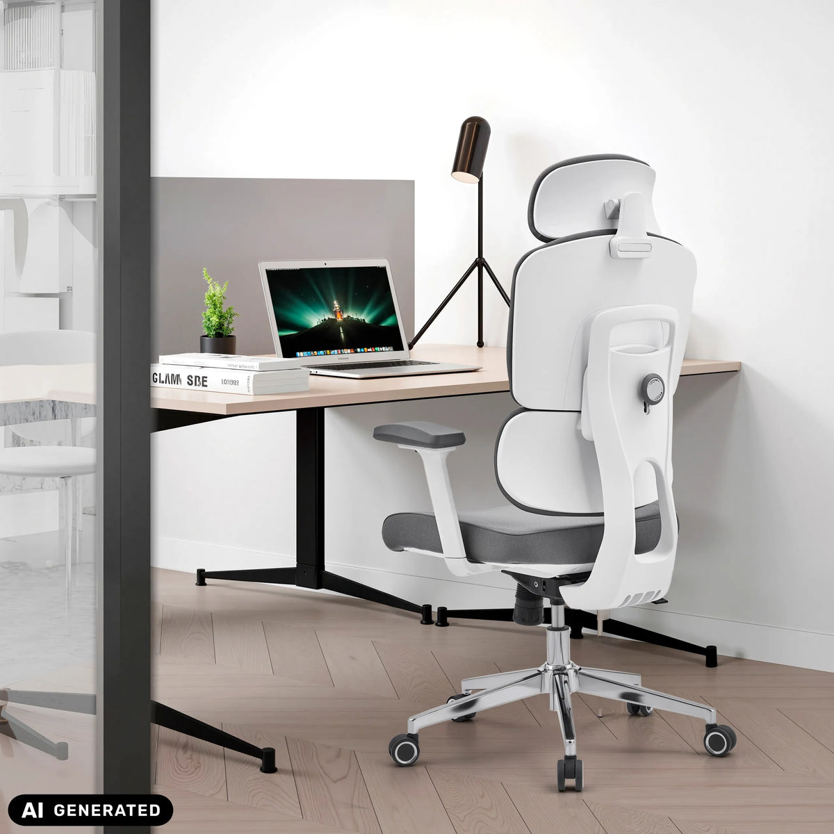 Professionele bureaustoel Ergomy WF 2 in grijs met wit frame en hoofdsteun van hjh OFFICE (AI-gegenereerde afbeelding)