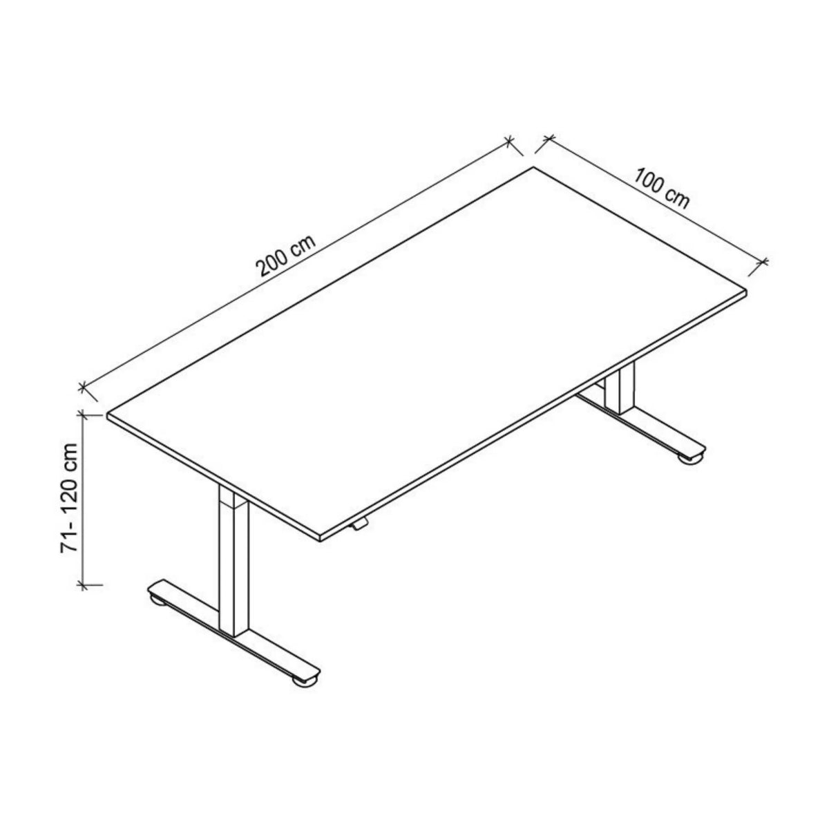 Technische tekening van het bureau XMST 2E G met 200 × 100 cm van hjh OFFICE PRO