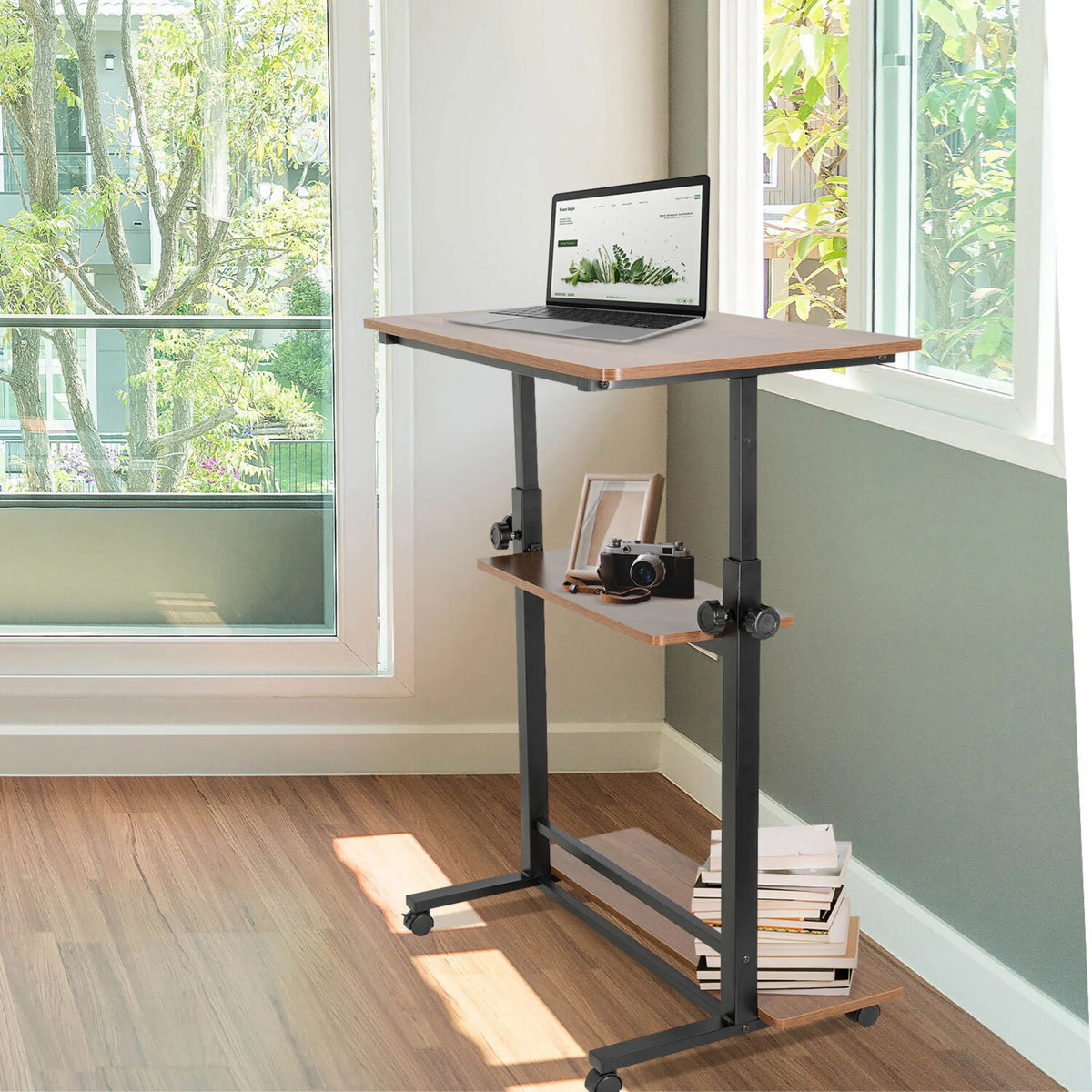 Zit- Sta bureau WORKSTATION II in zwart en walnoot met twee legplanken en zwenkwielen van hjh OFFICE