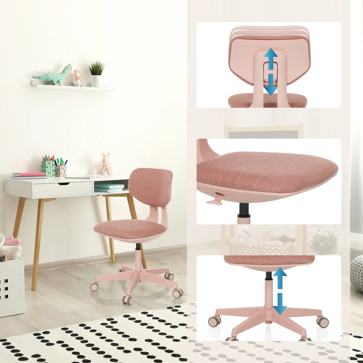 Hoogteverstelbare rugleuning en zitting van de Kinder bureaustoel KID COLORE in roze van hjh OFFICE
