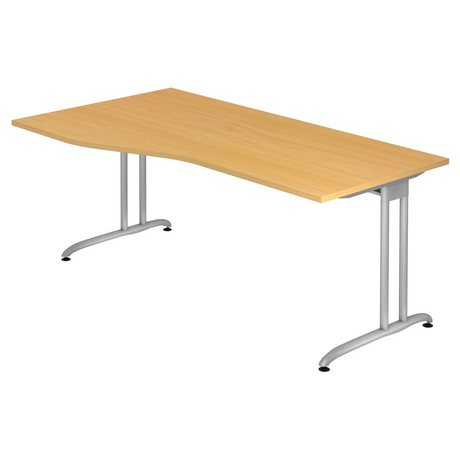 Bureau BELA 18 S in beuken met een gebogen tafelblad en zilverkleurige metalen poten van hjh OFFICE PRO