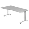 Grijs bureau BELA 18 S met een gebogen blad en twee metalen poten van hjh OFFICE PRO
