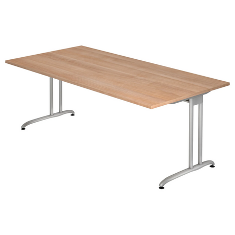 Bureau BELA 2E S met bureaublad in walnoot-look en zilverkleurige metalen poten van hjh OFFICE PRO