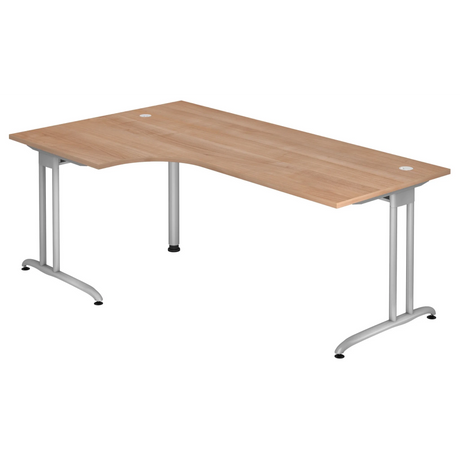 L-vormig bureau BELA 82 S in walnootoptiek met zilverkleurige metalen poten van hjh OFFICE PRO
