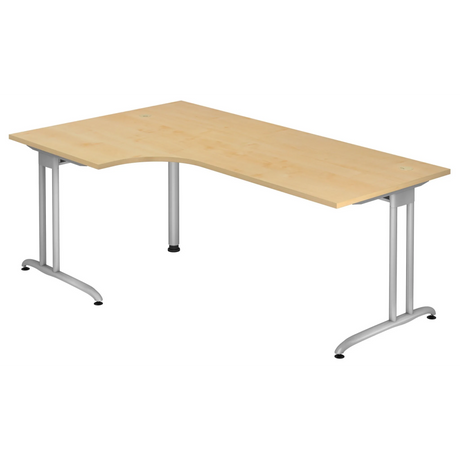 L-vormig bureau BELA 82 S in esdoorn-look met zilverkleurige metalen poten van hjh OFFICE PRO