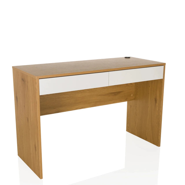 Bureau BERGA in eikenlook met twee witte laden en kabeluitlaat van hjh LIVING