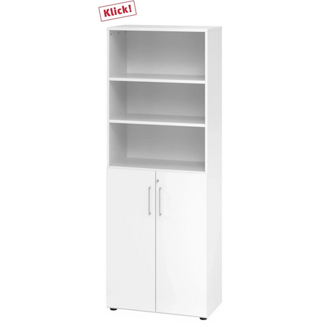 Witte combinatiekast BETA 9 met drie open plankvakken en twee deuren in het onderste gedeelte van hjh OFFICE PRO