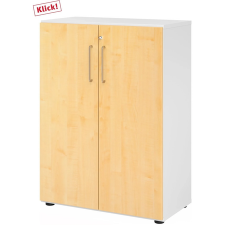 Kast BETA 9 met twee esdoornhouten deuren, wit frame en zilverkleurige handgrepen van hjh OFFICE PRO