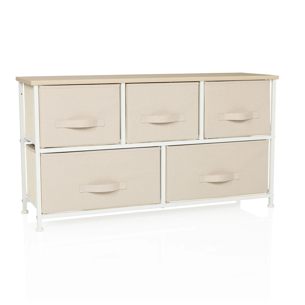 Beige Commode FOLDAR met vijf stoffen lades en wit frame van hjh LIVING – 360-gradenweergave (vooraanzicht 15°)