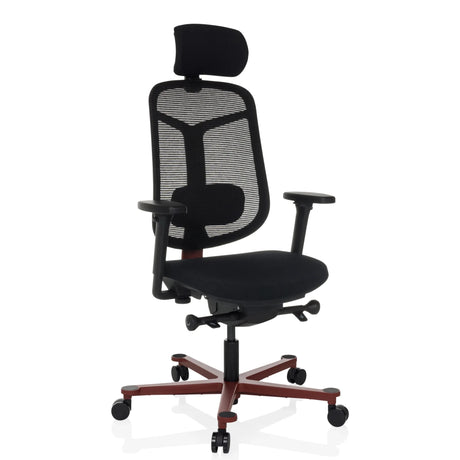 High end bureaustoel BICOLORE HIGH in zwart en rood met netrugleuning en hoofdsteun van hjh OFFICE