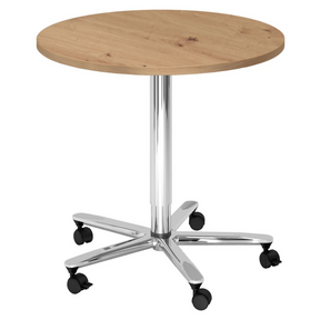 Systeem conferentietafel BISTRO 80R C met ronde plaat van knoestige eik, chroomonderstel en wielen van hjh OFFICE PRO