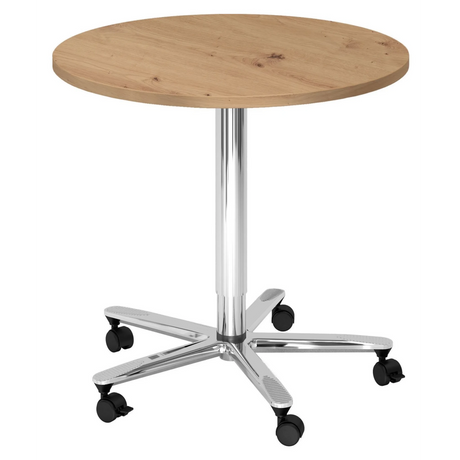 Systeem conferentietafel BISTRO 80R C met ronde plaat van knoestige eik, chroomonderstel en wielen van hjh OFFICE PRO