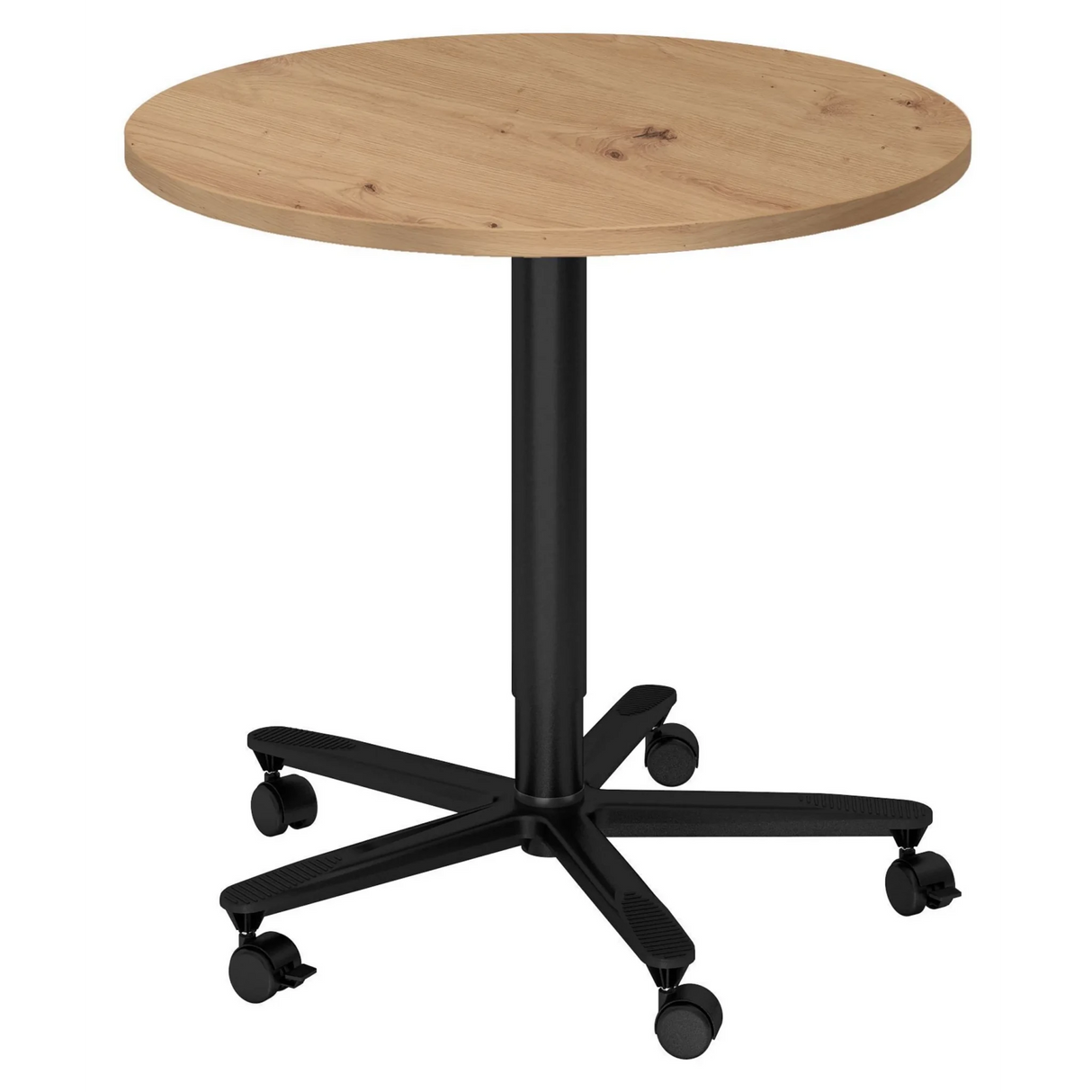 Ronde Systeem conferentietafel BISTRO 80R D met tafelblad in rustiek eiken en zwart onderstel op wielen van hjh OFFICE PRO