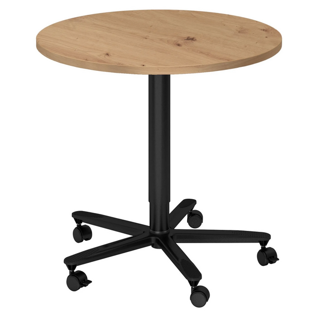 Ronde Systeem conferentietafel BISTRO 80R D met tafelblad in rustiek eiken en zwart onderstel op wielen van hjh OFFICE PRO