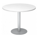 Ronde Systeem conferentietafel BISTRO F100R S met wit tafelblad en zilveren onderstel van hjh OFFICE PRO