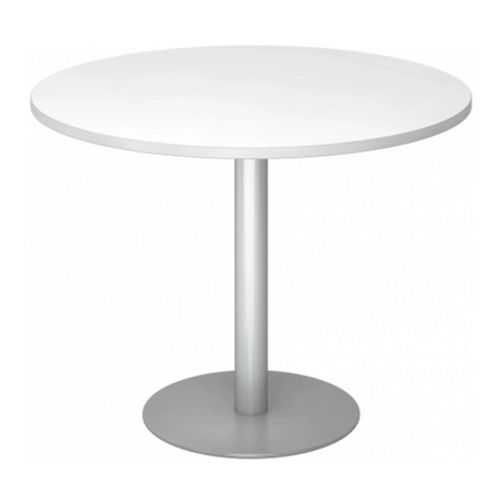 Ronde Systeem conferentietafel BISTRO F100R S met wit tafelblad en zilveren onderstel van hjh OFFICE PRO
