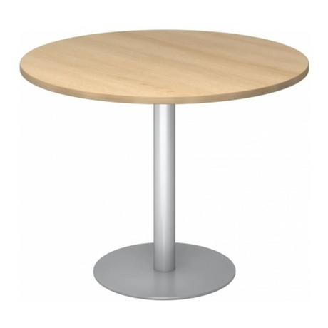 Ronde Systeem conferentietafel BISTRO F100R S met blad in licht eikenlook en zilverkleurige voet van hjh OFFICE PRO