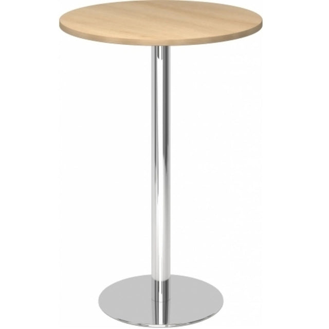Ronde Systeem conferentietafel BISTRO H80R C met eikenhouten blad en chroomkleurige voet van hjh OFFICE PRO