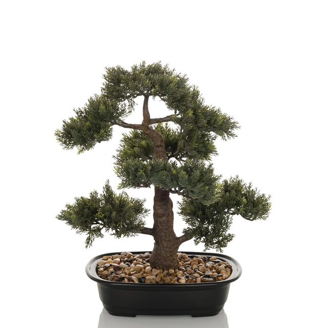 Kunstplant BONSAI in de vorm van een groene bonsai in een zwarte schaal met kiezels van hjh OFFICE