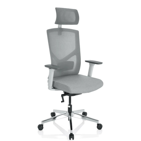 Professionele bureaustoel BRETON PRO W in grijs met netrug, hoofdsteun en zilverkleurig kruisvoet van hjh OFFICE